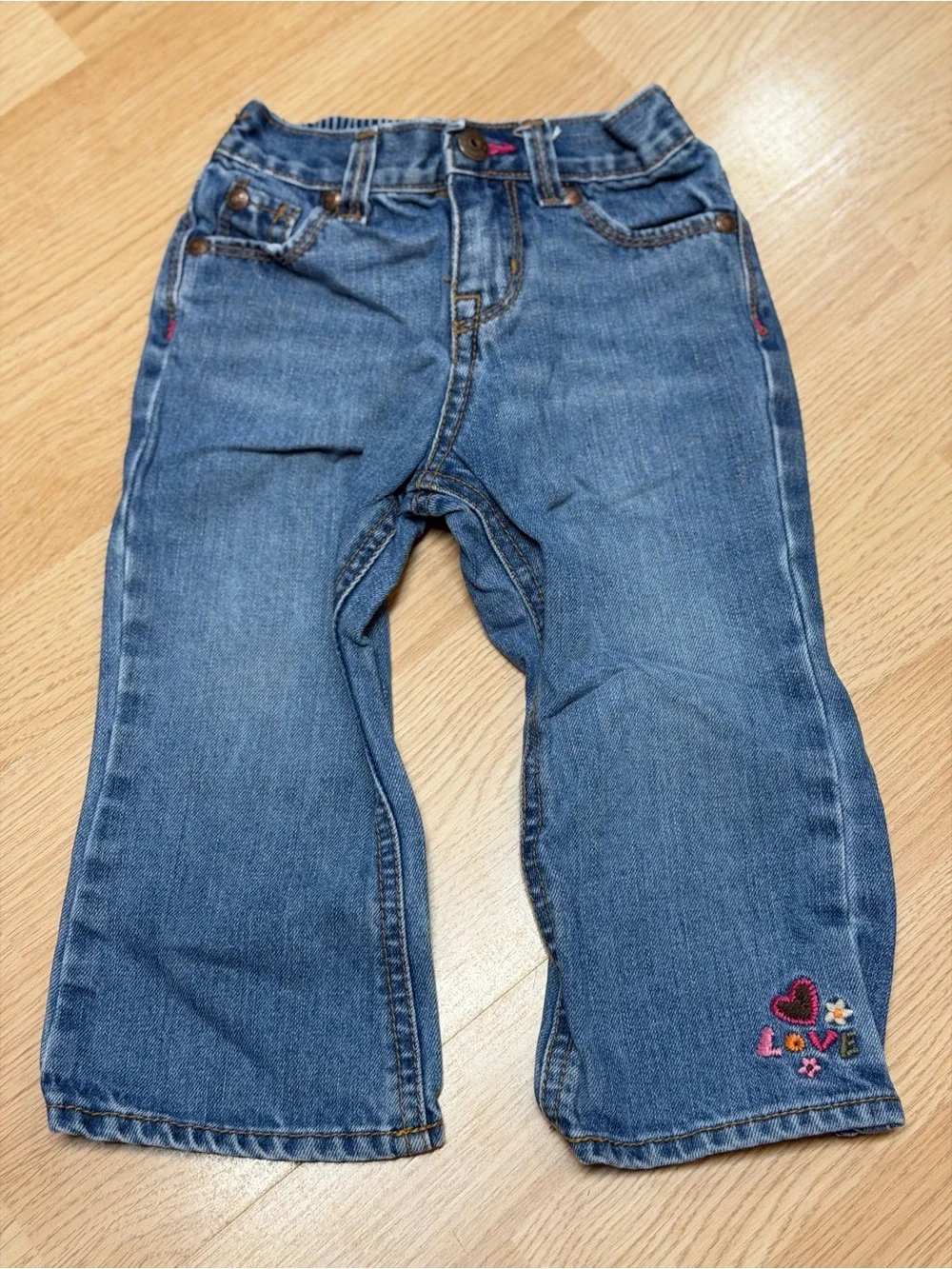 OshKosh B’gosh Girls Denim Jeans Love Heart Floral Embroidery Adjustable Waist